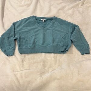 JoyLab Teal Cropped Terry V-Neck Sweatshirt